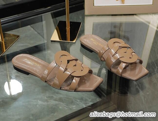 Good Product Saint Laurent Patent Leather Flat Slide Sandals Brown 070907