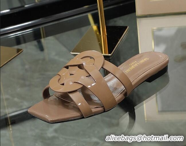 Good Product Saint Laurent Patent Leather Flat Slide Sandals Brown 070907