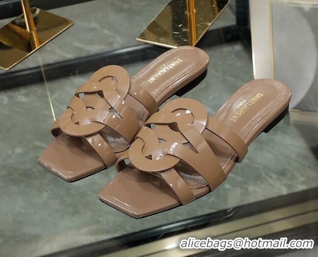 Good Product Saint Laurent Patent Leather Flat Slide Sandals Brown 070907