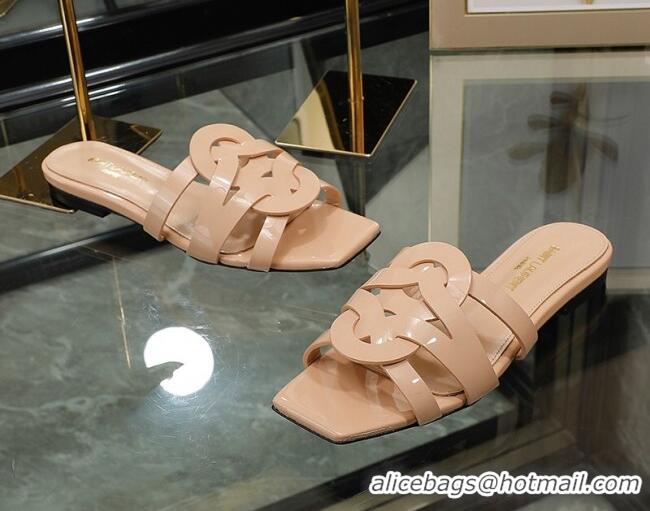 Hot Style Saint Laurent Patent Leather Flat Slide Sandals Nude 070908 