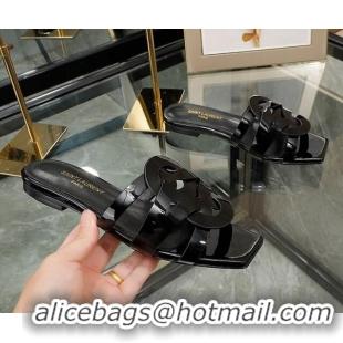 Pretty Style Saint Laurent Patent Leather Flat Slide Sandals Black 070909