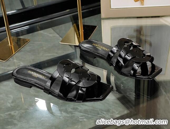 Pretty Style Saint Laurent Patent Leather Flat Slide Sandals Black 070909