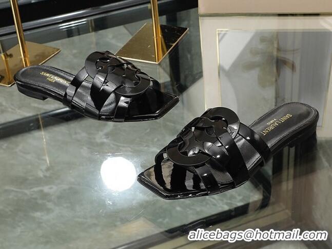 Pretty Style Saint Laurent Patent Leather Flat Slide Sandals Black 070909