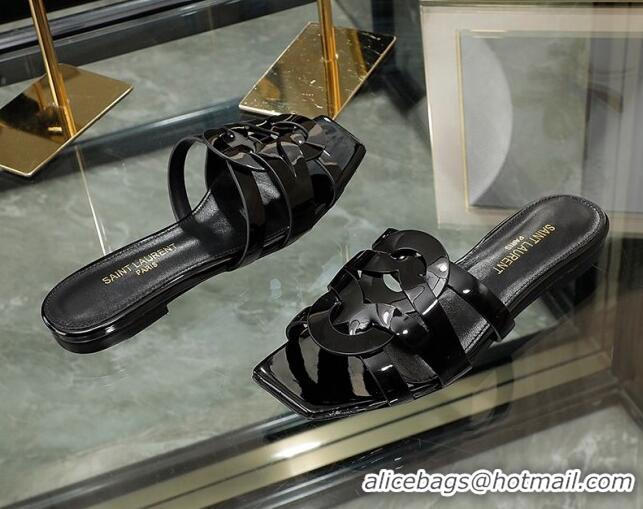 Pretty Style Saint Laurent Patent Leather Flat Slide Sandals Black 070909