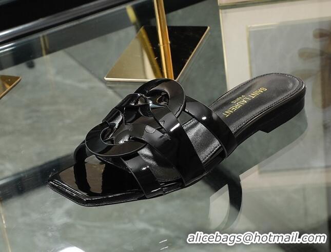 Pretty Style Saint Laurent Patent Leather Flat Slide Sandals Black 070909