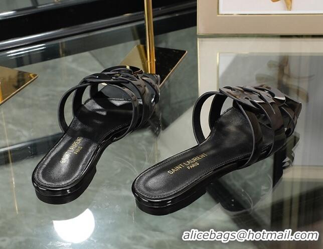 Pretty Style Saint Laurent Patent Leather Flat Slide Sandals Black 070909