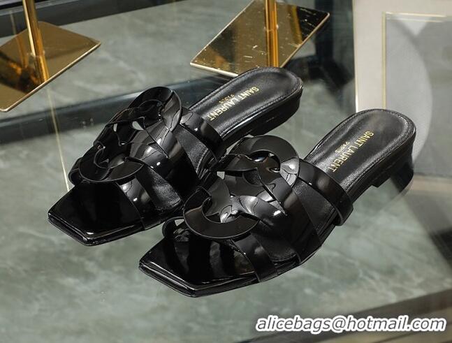 Pretty Style Saint Laurent Patent Leather Flat Slide Sandals Black 070909