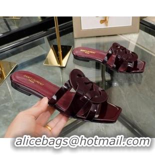 Unique Discount Saint Laurent Patent Leather Flat Slide Sandals Burgundy 070910