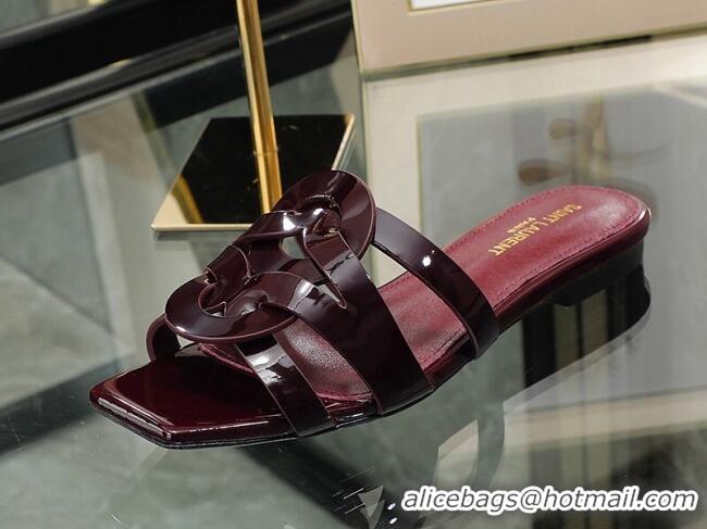 Unique Discount Saint Laurent Patent Leather Flat Slide Sandals Burgundy 070910