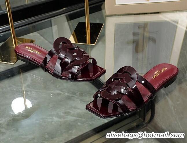 Unique Discount Saint Laurent Patent Leather Flat Slide Sandals Burgundy 070910