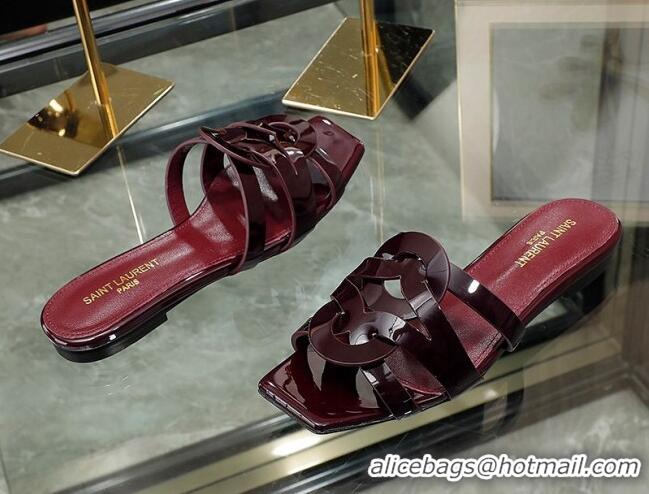 Unique Discount Saint Laurent Patent Leather Flat Slide Sandals Burgundy 070910