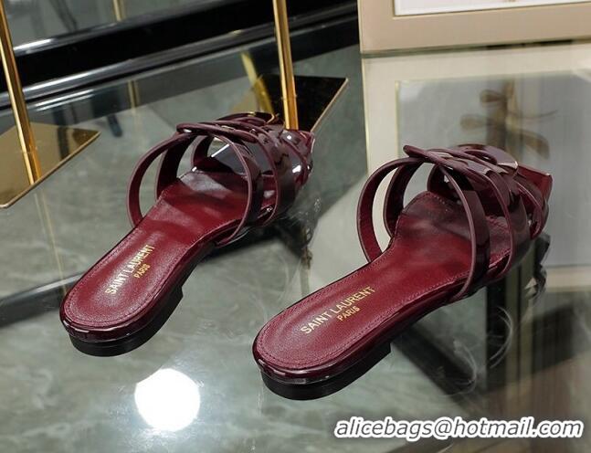 Unique Discount Saint Laurent Patent Leather Flat Slide Sandals Burgundy 070910