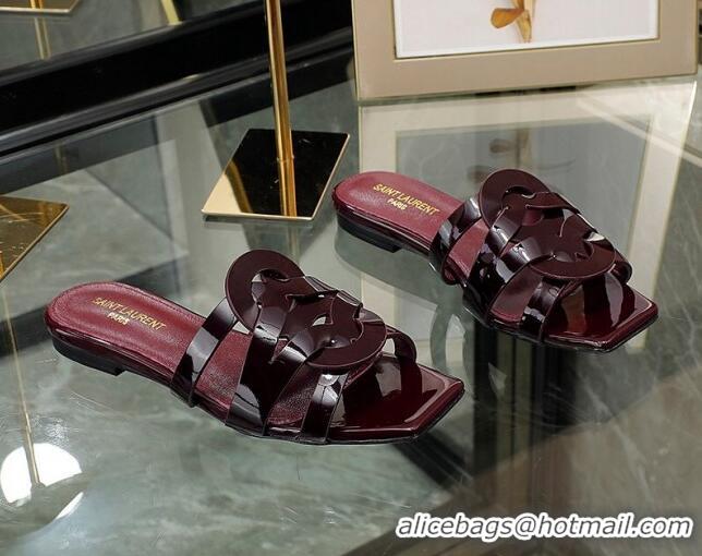 Unique Discount Saint Laurent Patent Leather Flat Slide Sandals Burgundy 070910