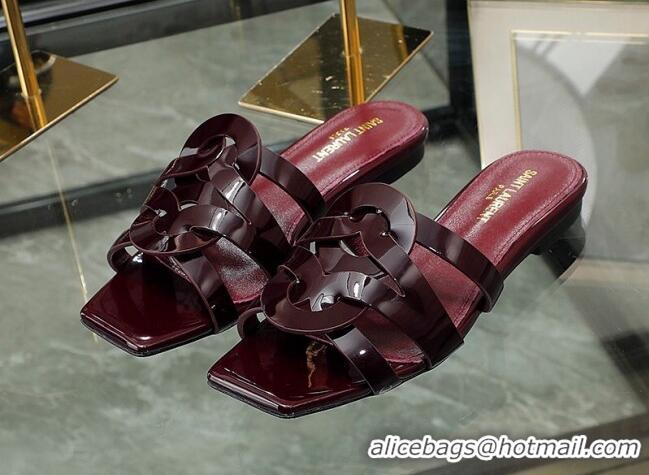 Unique Discount Saint Laurent Patent Leather Flat Slide Sandals Burgundy 070910