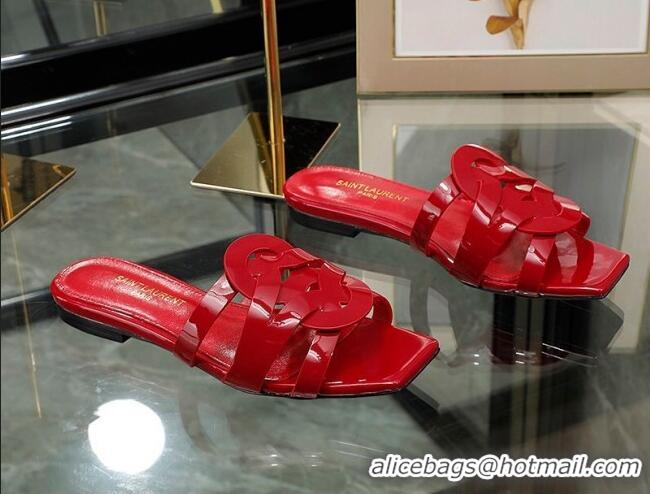 Charming Saint Laurent Patent Leather Flat Slide Sandals Red 070911