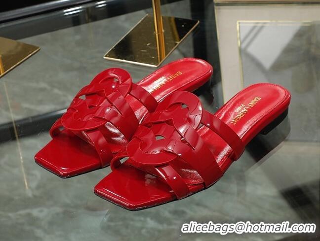 Charming Saint Laurent Patent Leather Flat Slide Sandals Red 070911