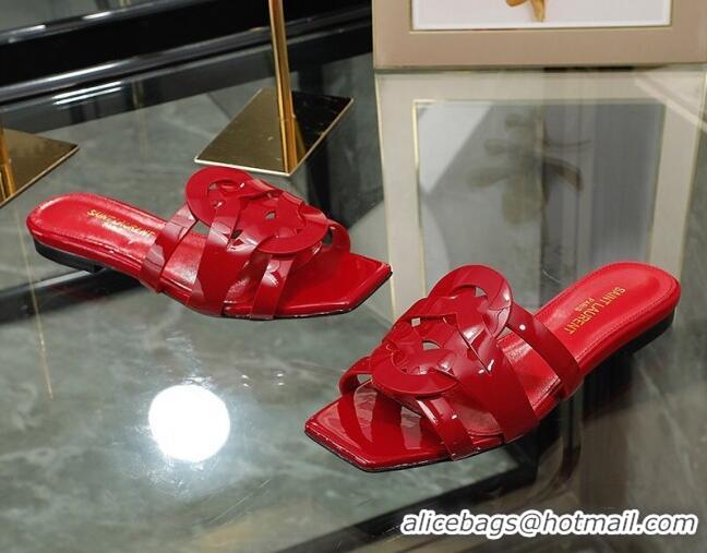 Charming Saint Laurent Patent Leather Flat Slide Sandals Red 070911