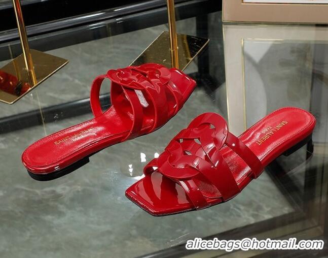 Charming Saint Laurent Patent Leather Flat Slide Sandals Red 070911