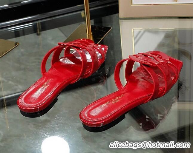 Charming Saint Laurent Patent Leather Flat Slide Sandals Red 070911