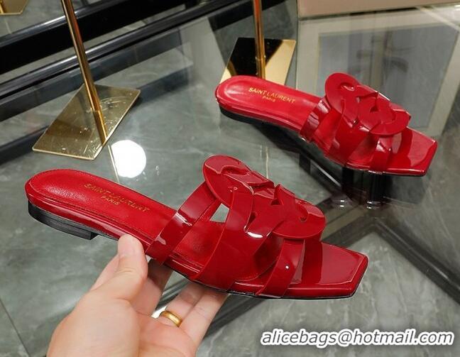 Charming Saint Laurent Patent Leather Flat Slide Sandals Red 070911