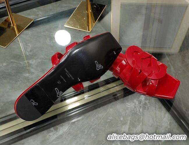 Charming Saint Laurent Patent Leather Flat Slide Sandals Red 070911