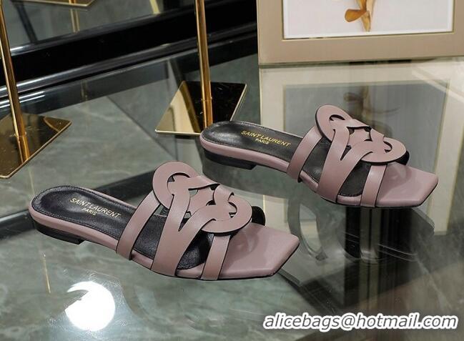 Buy Luxury Saint Laurent Calskin Flat Slide Sandals Powder Pink 070912