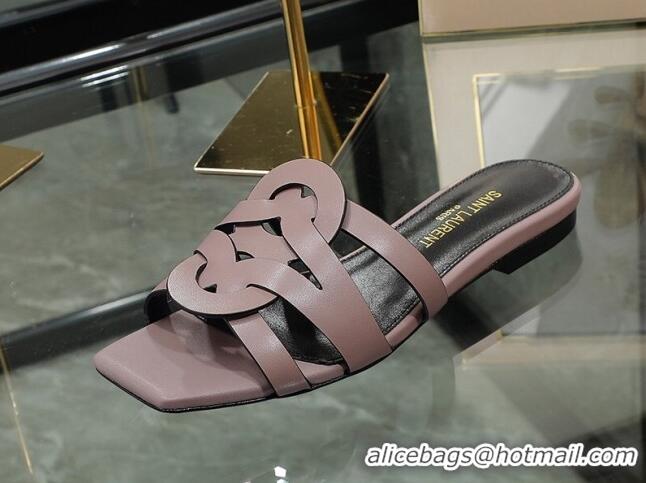 Buy Luxury Saint Laurent Calskin Flat Slide Sandals Powder Pink 070912