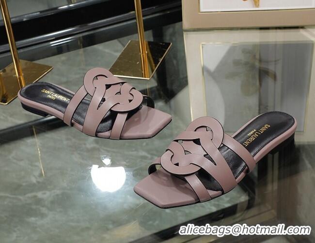 Buy Luxury Saint Laurent Calskin Flat Slide Sandals Powder Pink 070912