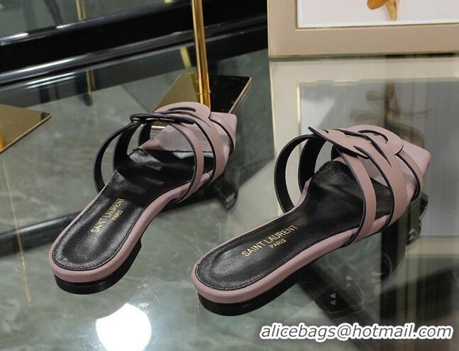 Buy Luxury Saint Laurent Calskin Flat Slide Sandals Powder Pink 070912