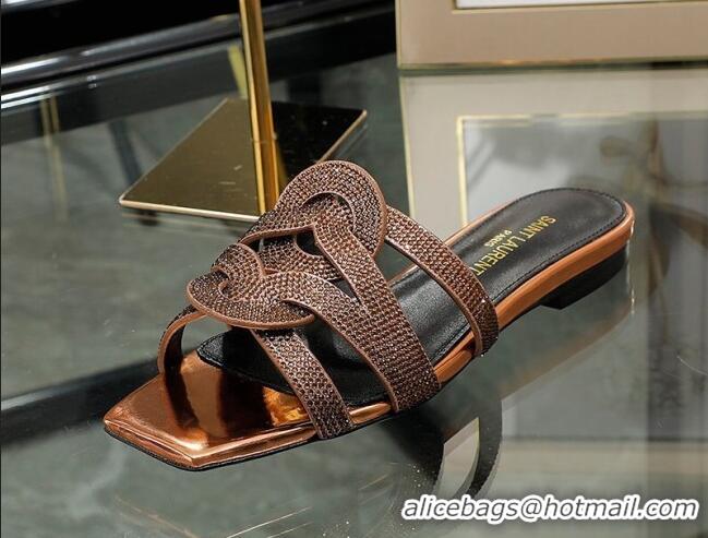 Cheap Price Saint Laurent Crystal Leather Flat Slide Sandals Gold 2070913