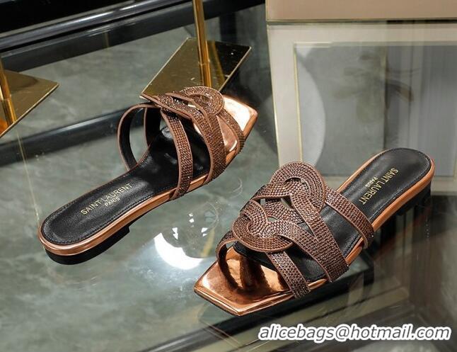 Cheap Price Saint Laurent Crystal Leather Flat Slide Sandals Gold 2070913