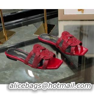 Good Quality Saint Laurent Crystal Leather Flat Slide Sandals Red 070914