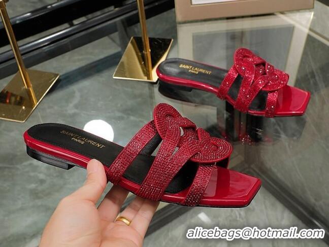 Good Quality Saint Laurent Crystal Leather Flat Slide Sandals Red 070914