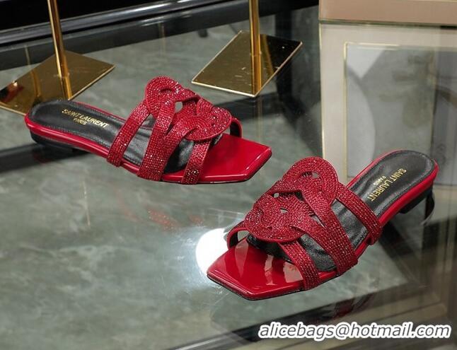 Good Quality Saint Laurent Crystal Leather Flat Slide Sandals Red 070914