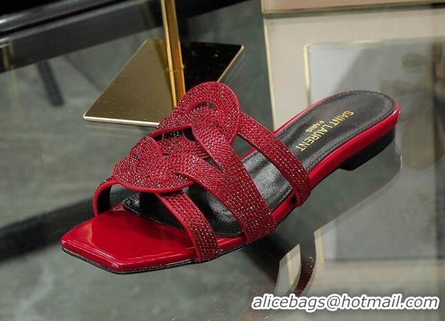 Good Quality Saint Laurent Crystal Leather Flat Slide Sandals Red 070914