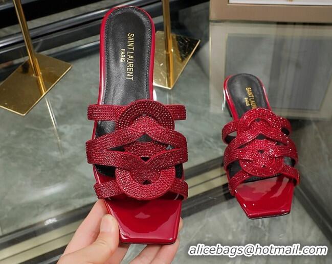 Good Quality Saint Laurent Crystal Leather Flat Slide Sandals Red 070914