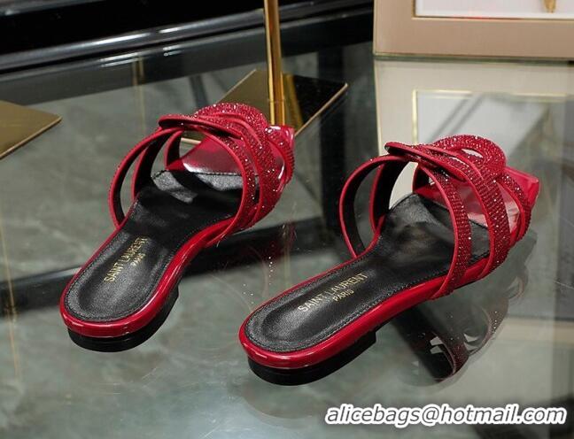 Good Quality Saint Laurent Crystal Leather Flat Slide Sandals Red 070914