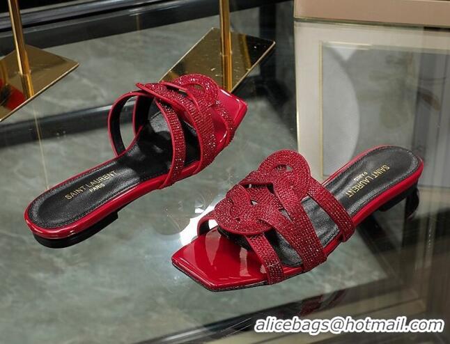 Good Quality Saint Laurent Crystal Leather Flat Slide Sandals Red 070914