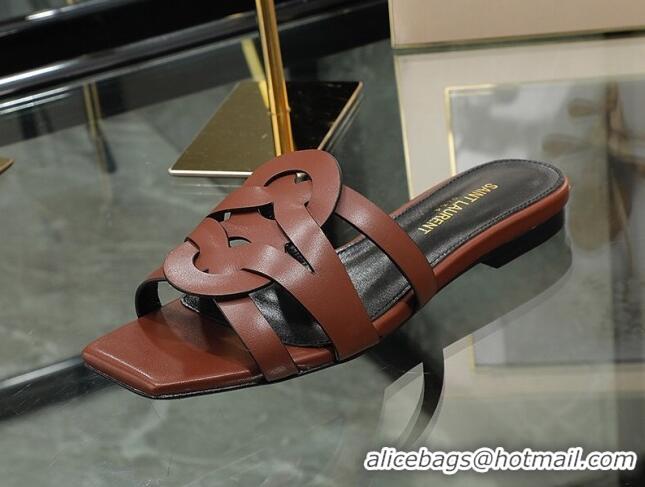 Grade Quality Saint Laurent Calskin Flat Slide Sandals Brown 2070915