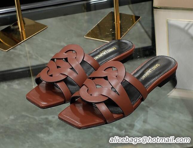 Grade Quality Saint Laurent Calskin Flat Slide Sandals Brown 2070915