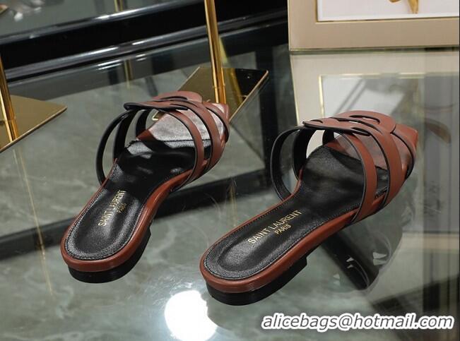 Grade Quality Saint Laurent Calskin Flat Slide Sandals Brown 2070915