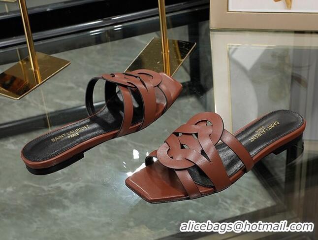 Grade Quality Saint Laurent Calskin Flat Slide Sandals Brown 2070915