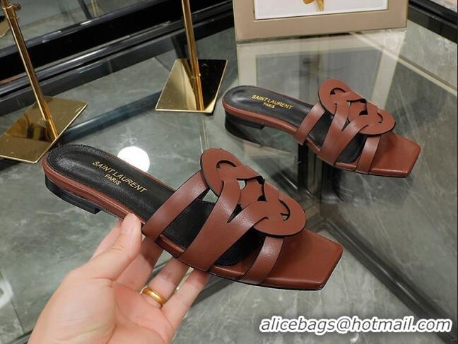 Grade Quality Saint Laurent Calskin Flat Slide Sandals Brown 2070915