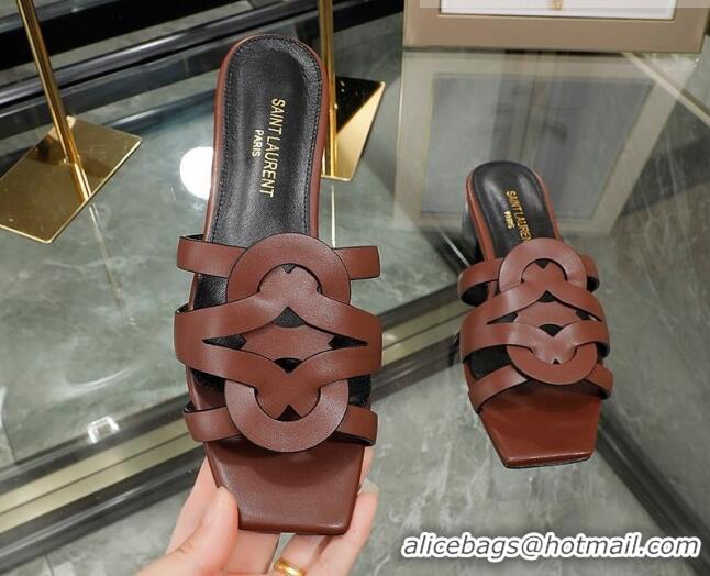 Grade Quality Saint Laurent Calskin Flat Slide Sandals Brown 2070915