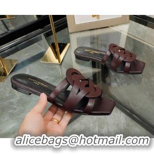 Sumptuous Saint Laurent Calskin Flat Slide Sandals Burgundy 070917