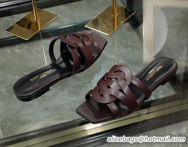 Sumptuous Saint Laurent Calskin Flat Slide Sandals Burgundy 070917