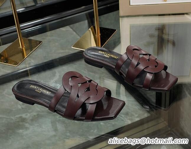 Sumptuous Saint Laurent Calskin Flat Slide Sandals Burgundy 070917