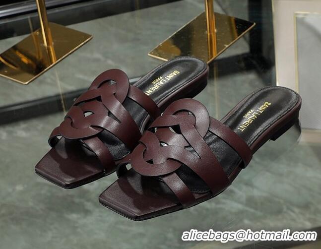 Sumptuous Saint Laurent Calskin Flat Slide Sandals Burgundy 070917