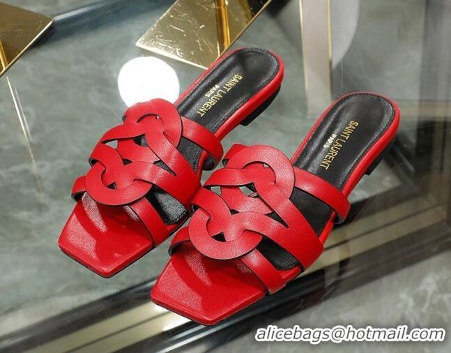 Best Grade Saint Laurent Calskin Flat Slide Sandals Red 2070918