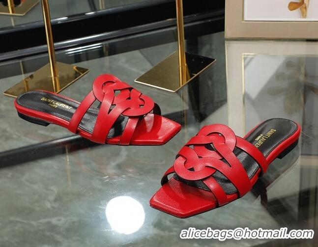 Best Grade Saint Laurent Calskin Flat Slide Sandals Red 2070918